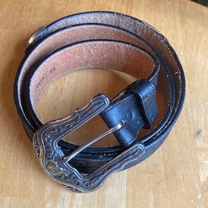 Tony Lama Belt Size 44 Black Leather Silver Tone Western Concho Metal tip